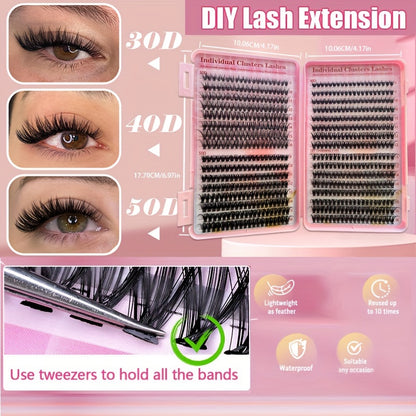 DIY lash extension kit includes 640/280pcs D curl individual lashes in 9-16mm lengths for a wispy manga look at home.