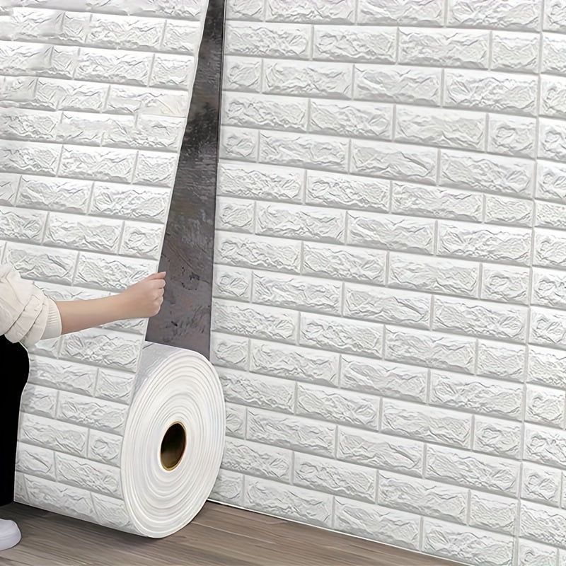 Waterproof self-adhesive wallpaper with 3D brick pattern, easy to apply for home renovation and bedroom decor.