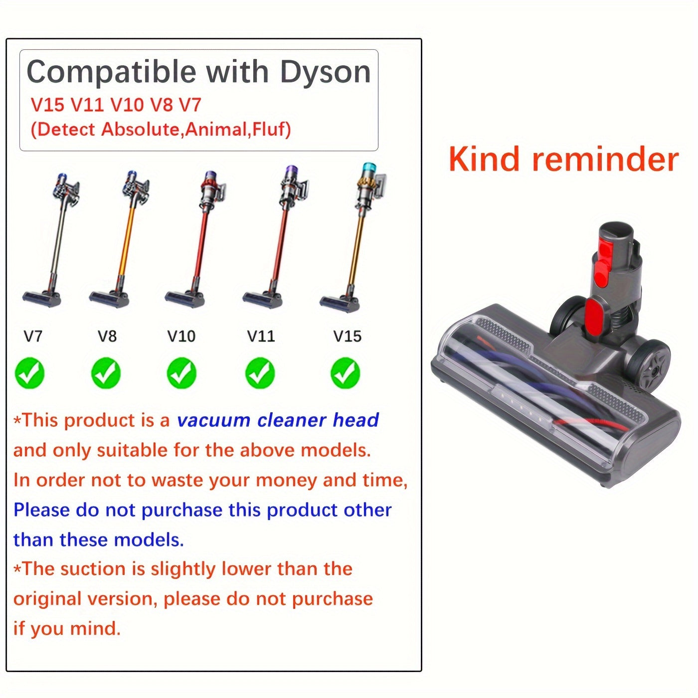 This durable plastic vacuum cleaner head is compatible with Dyson models V7, V8, V10, V11, V15, SV10, and SV12. It is designed as a floor attachment accessory and motor head, not as a standalone vacuum cleaner.