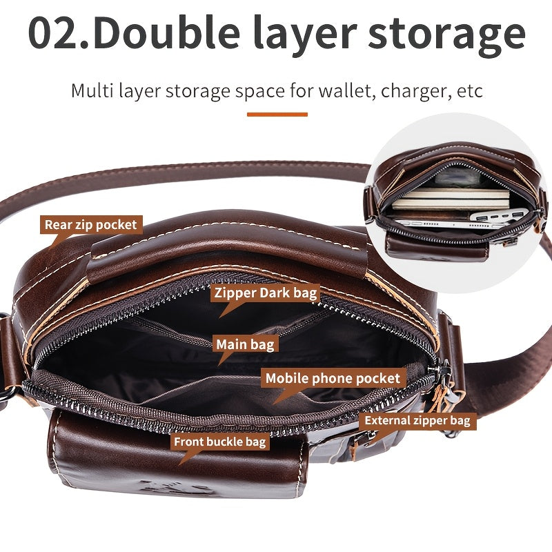 Fashion Genuine Leather Men's Crossbody Bag with Adjustable Shoulder Strap, Multi-Compartment Design, Zipper Closure - Dark Brown, Non-Washable for Outings.