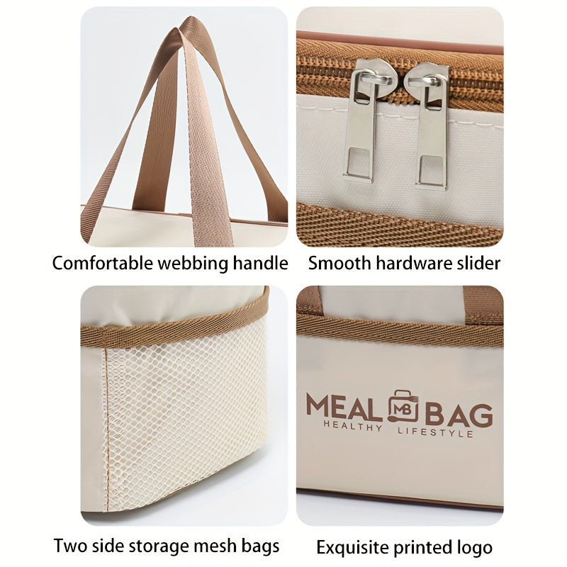 Set of insulated lunch bags with handle, made of hand washable light beige polyester material, featuring a thick aluminum foil lining for insulation. These waterproof thermal food container totes come in three different sizes, perfect for work or school.