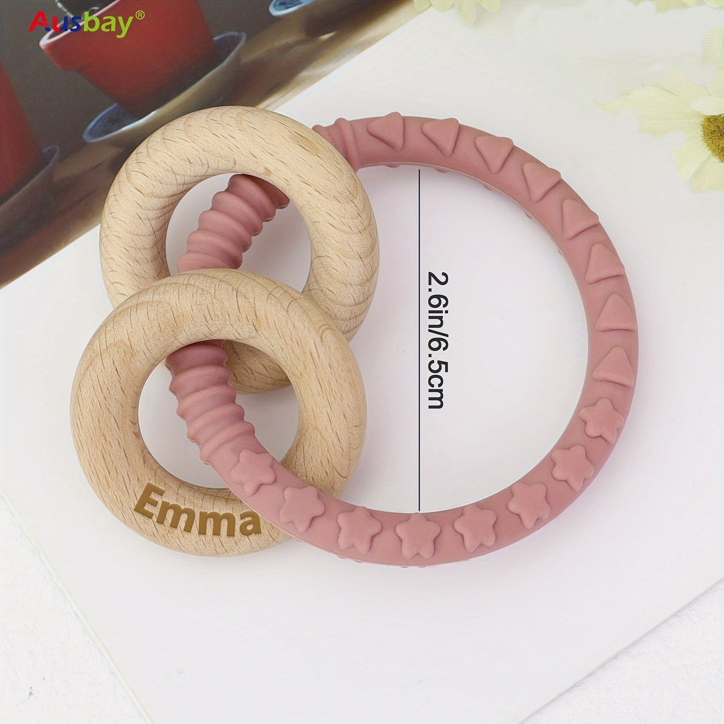 Customizable Silicone Wooden Rattle Ring, Personalized Keepsake With Cute Wood Rings