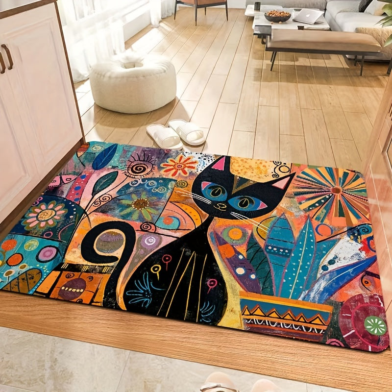 Abstract Art Cat Doormat - Easy to Clean in Washing Machine, Non-Slip PVC Backing, Made of Durable Polyester - Rectangle Mat for Bathroom, Kitchen, Living Room, or Bedroom - Stylish Entryway Decor Rug