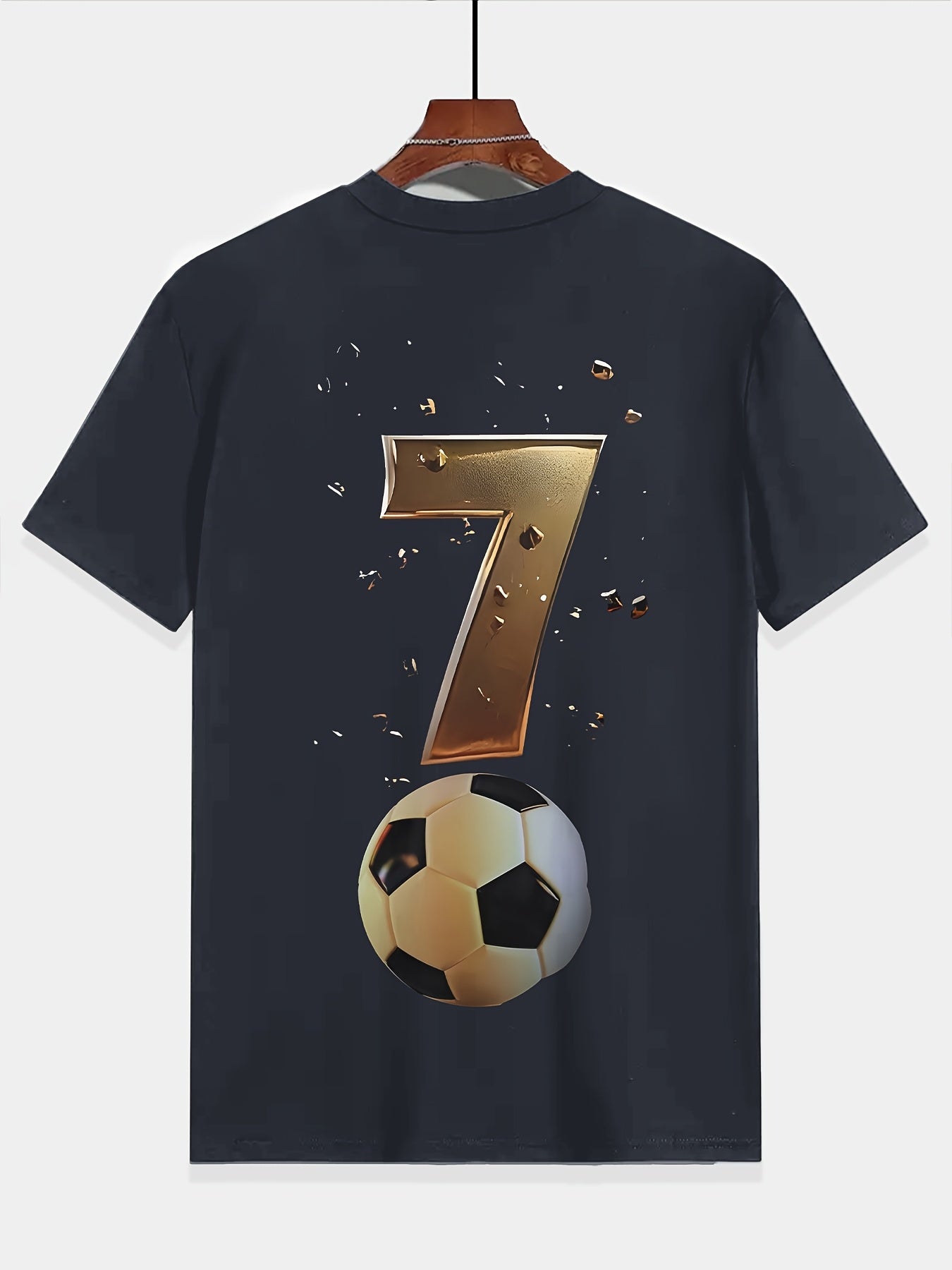 Soccer jersey t-shirt for boys featuring vibrant football player graphic, short sleeve, crew neck, and stretchable polyester fabric, ideal for playtime and outdoor activities.