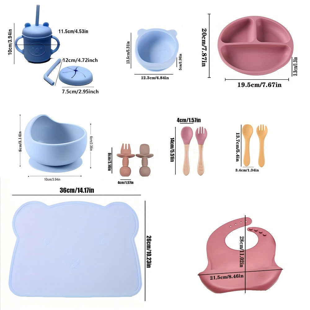 Набор из 9 предметов: креативная силиконовая тарелка в виде мультяшных персонажей, разделенная силиконовая чаша для дополнительной пищи, тарелка с присоской, слюнявчик, обучающая чашка для питья и столовые приборы для кормления.