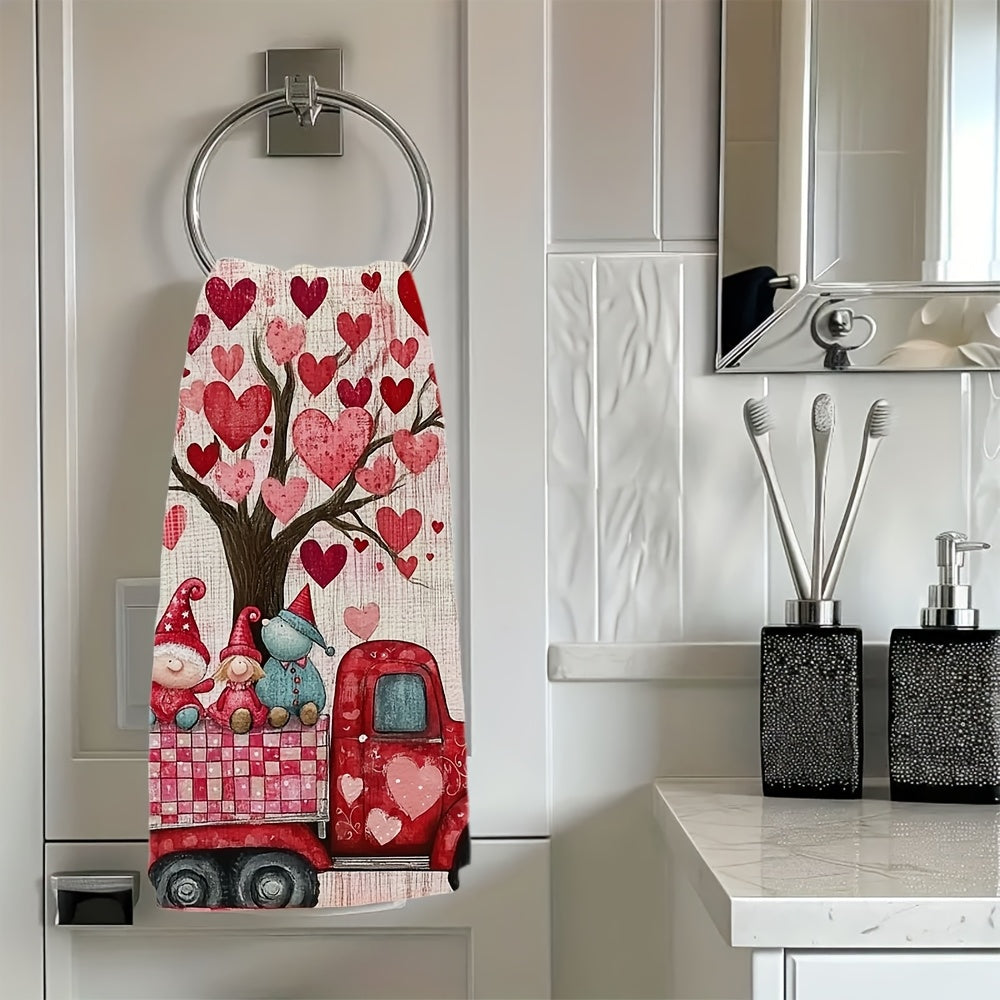 Pair of 2 ultra-soft kitchen towels featuring a Valentine's Day truck design with gnomes, ideal for holiday decor. These highly absorbent dish towels are machine washable and measure 40.64x60.96 cm.