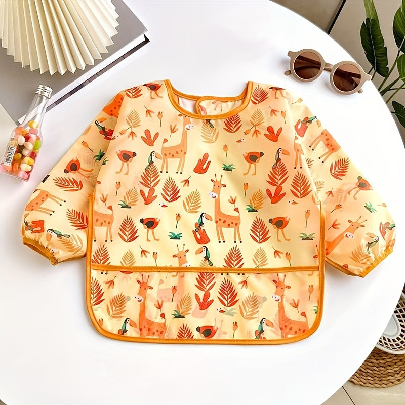 New collection of children's mealtime clothing featuring anti-stain, waterproof, and cartoon printed designs for boys and girls.