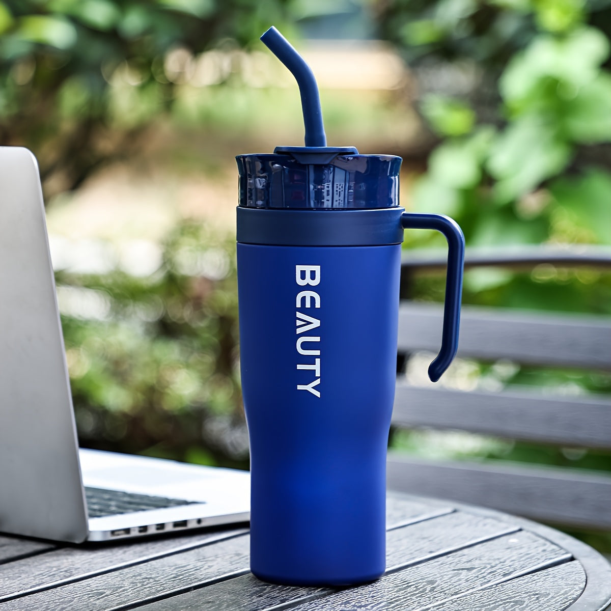 The BEAUTY Portable Water Bottle with Straw is large, lightweight, and suitable for hiking. It is made of plastic and has a round shape, and should be hand washed.