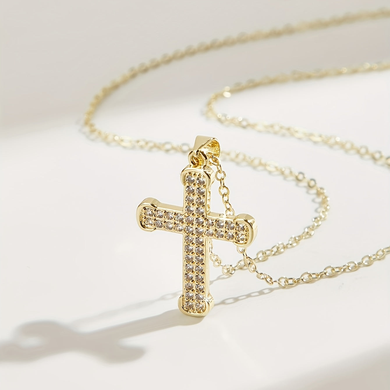 Stylish Cross Pendant Necklace in 14K Gold Plating featuring Synthetic Cubic Zirconia, Religious Charm Symbol, Copper Material, Beautiful Faith-Inspired Present for Girlfriend, Perfect for Everyday and Travel, Ideal Valentine's Day Gift.