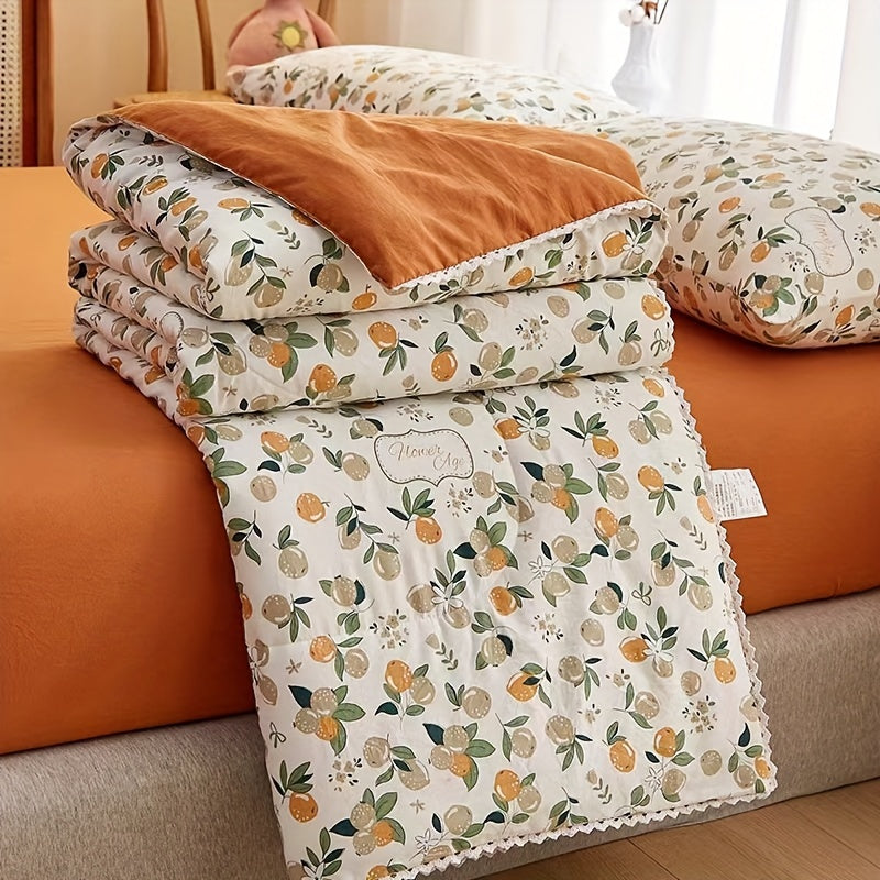 One-piece Glam Style Quilt with Floral & Fruit Pattern, Scalloped Edge, and Soft Liner - All-Season Comfort - Machine Washable, Stain Resistant Polyester Bedspread - Woven Polyester Fiber Filling - Multipurpose Bedding with Unique Embellishments