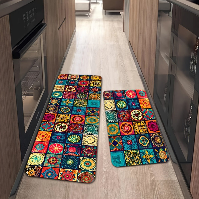 1pc Bohemian Square Floor Mat, Non-Slip, 8mm Thick, Machine Washable Polyester - Ideal for Various Indoor and Outdoor Spaces