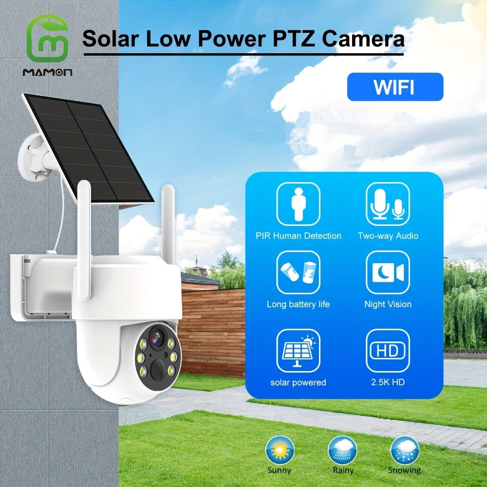 2K Wi-Fi PTZ Smart Home Security Camera powered by solar energy, with 355° Pan and 90° Tilt, 4MP Color Night Vision, PIR Motion Alert, Two-Way Audio, built-in Spotlight, compatible with Alexa, offers Cloud/SD storage, and is easily accessible via