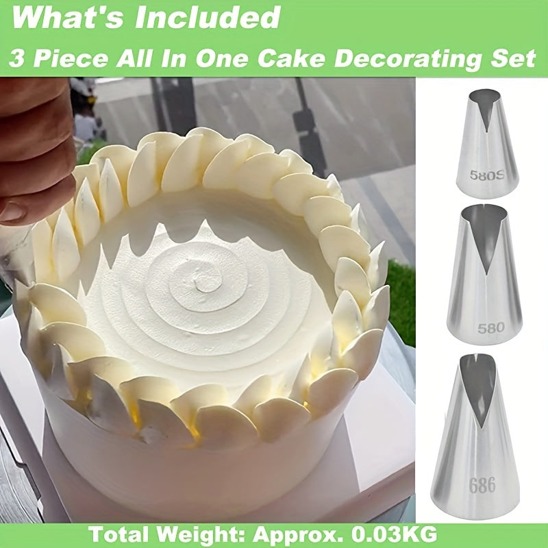 Three pieces of stainless steel V-shaped pastry tips for flawlessly decorated cupcakes and cookies - Santa Anna icing nozzle tips for frosting and puff pastry making - Must-have baking essentials and kitchen accessories.