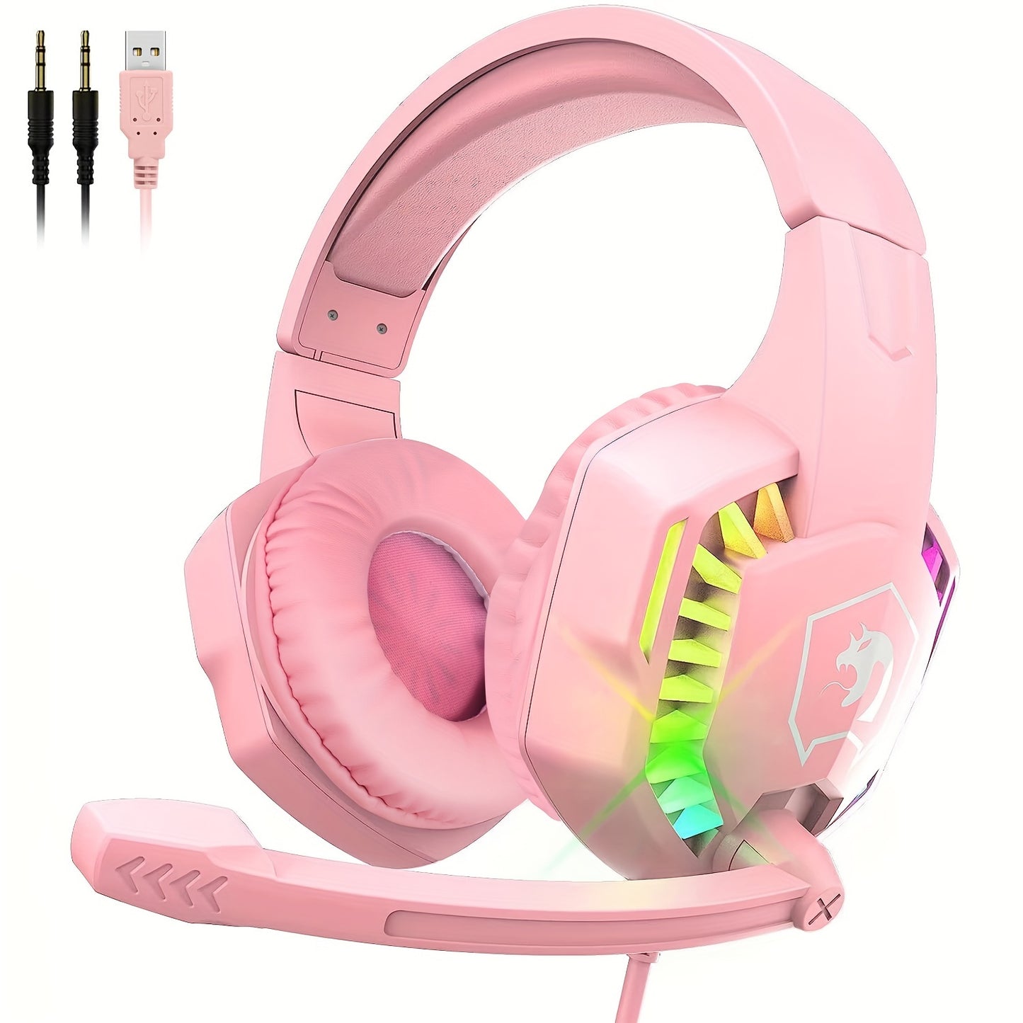 Noise-canceling mic gaming headset with RGB lights, wired over-ear headphones for PS4, PS5, Xbox One, PC, Mac. Durable plastic, soft memory earmuffs, button control, tangle-free cable, no