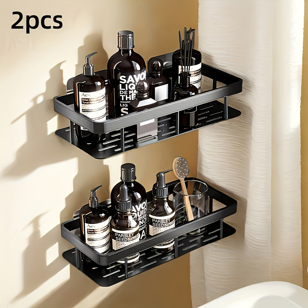 2-Pack Black Rust-Proof Metal Bathroom Shelves, Wall-Mounted Hanging Shower Caddy for Shampoo and Conditioner Storage, Space-Saving Organizer with Hook, 8mm Tube Diameter