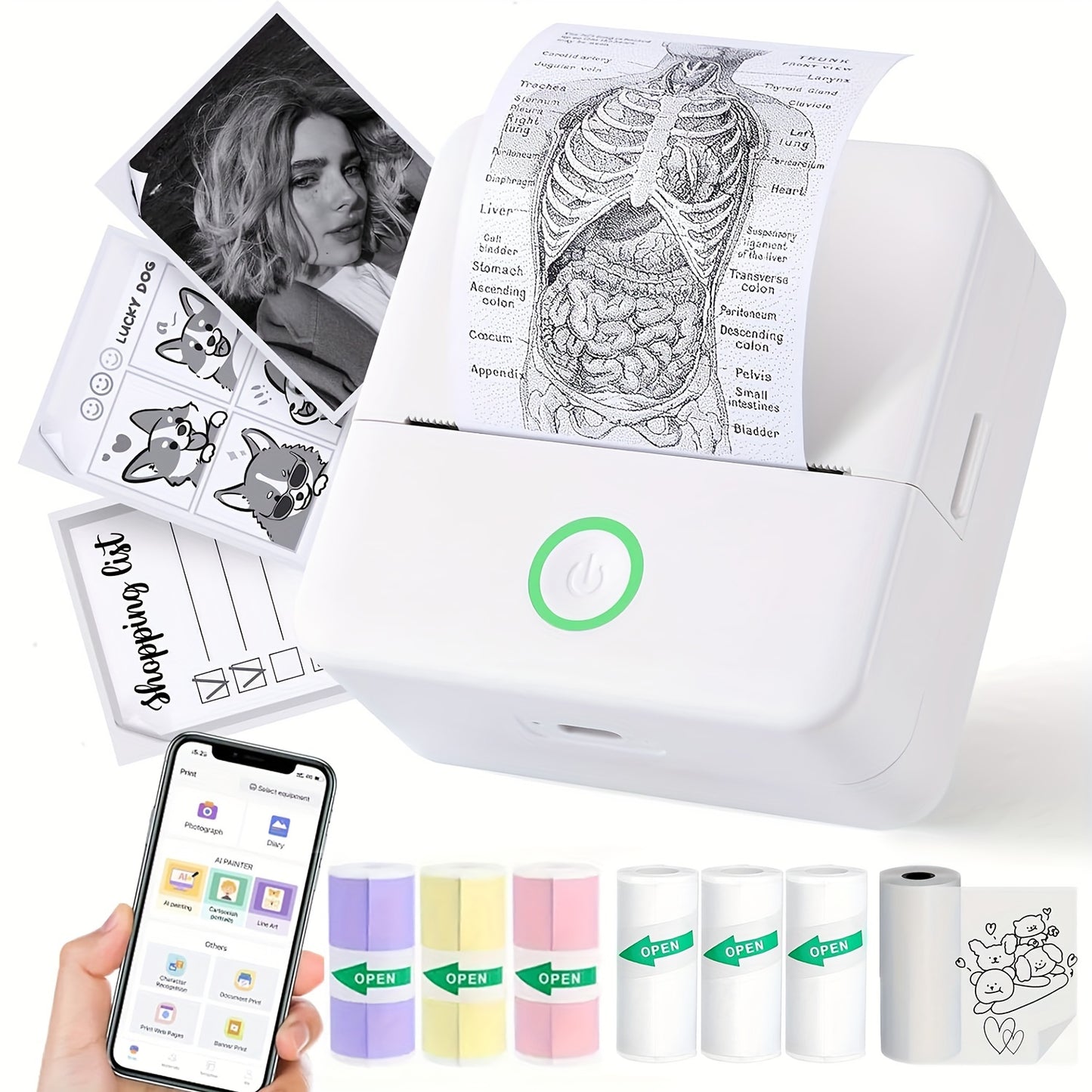 Mini portable thermal wireless pocket printer with a variety of self-adhesive sticker rolls for printing pictures, photos, labels, text, and more.