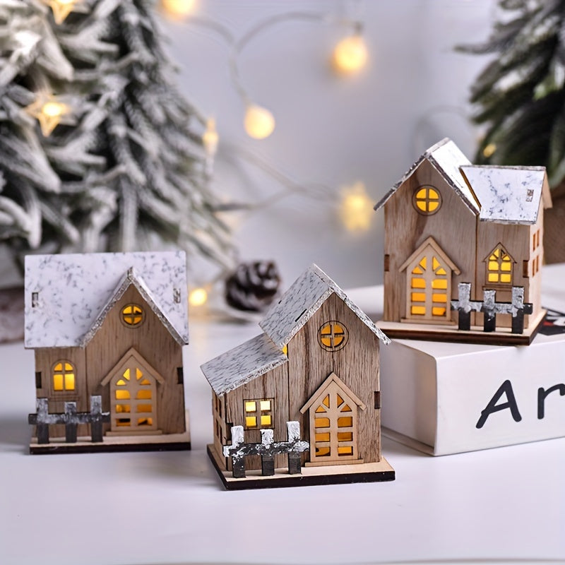 1pc Wooden House Ornaments for Christmas, Luminous LED Tabletop Decor