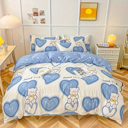 4PCS Cartoon Heart Bear Print Bedding Set - Includes Duvet Cover, Bed Sheet, and 2 Pillowcases - Machine Washable Polyester Fabric - Animal Theme - Year-round Use