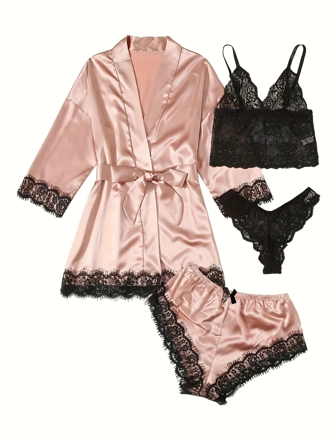 Lace-trimmed Sleepwear Set with Glossy Pajamas in 4 pieces