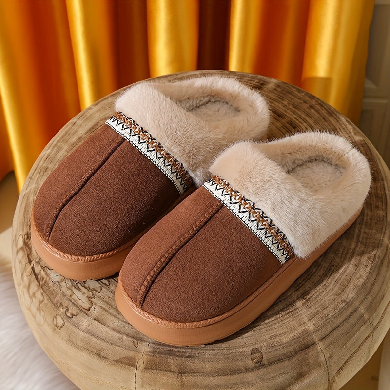 Women's cozy slippers with plush lining, non-slip EVA sole, soft fabric, casual style, hand wash only, solid color, all-season wear, no print.