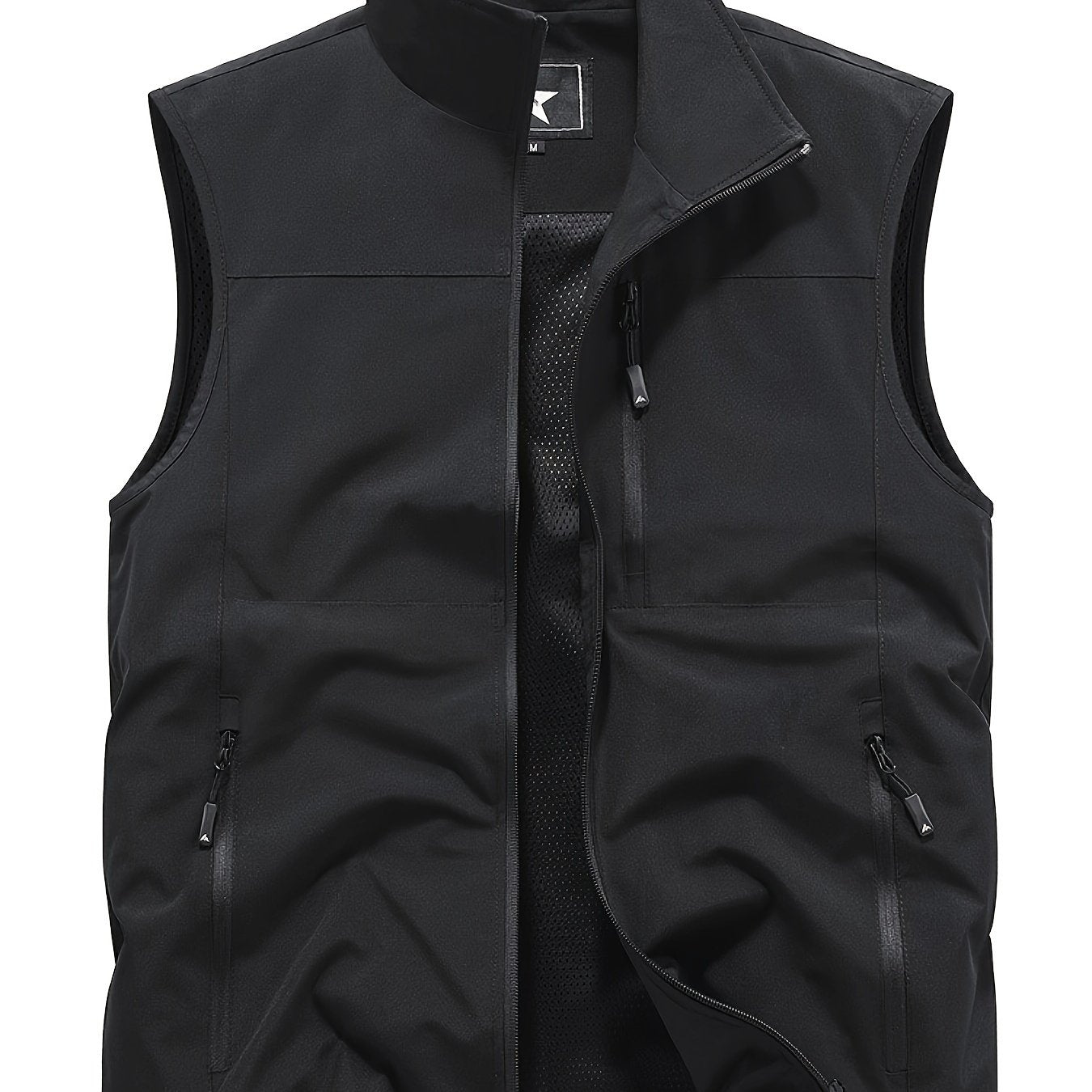 Polyester Sleeveless Vest for Men: Black, Multi-Pocket Design, Zipper Closure, Mesh Lining - Ideal for Spring/Autumn Outdoor Wear.