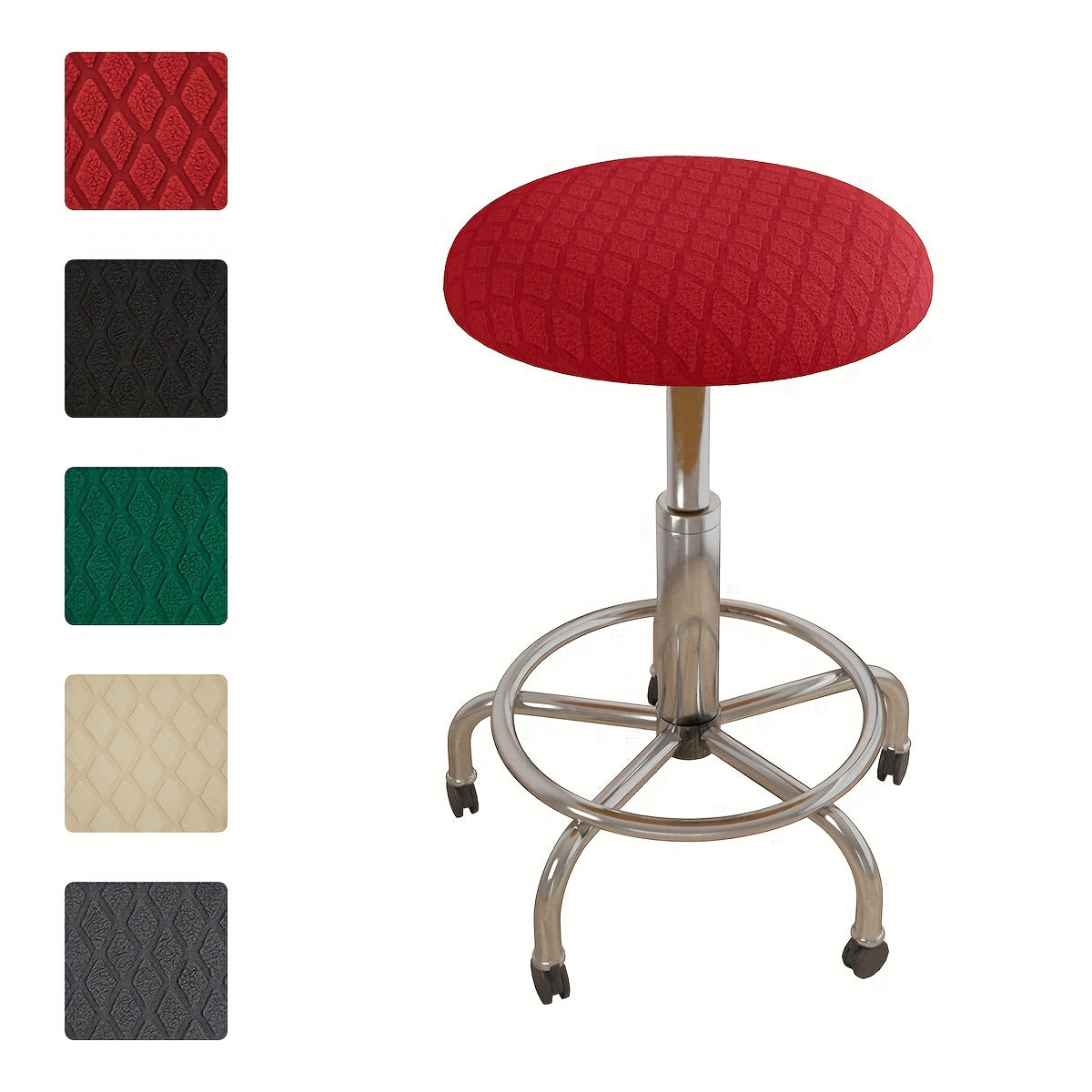 1pc Stretchable Jacquard Diamond Pattern Stool Cover in Multiple Colors - Elastic Fit, Machine Washable, High-Legged Round Stool Slipcover with Metallic Footrest.