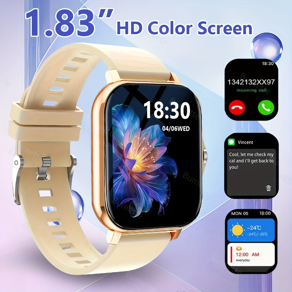 Wireless smartwatch with sports modes, call reminders, message notifications, app alerts, customizable wallpaper, and compatibility with iPhone and Android.