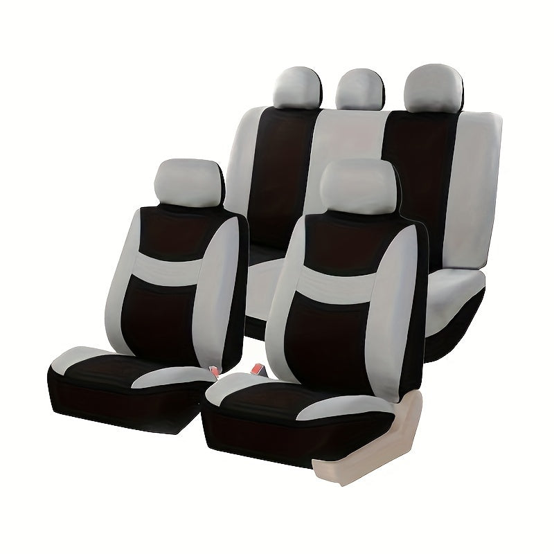 New full seat cover set for 5-seater car, includes 2 front seat covers, 1 rear seat back cover, 1 rear seat cover, and 5 car seat head covers.