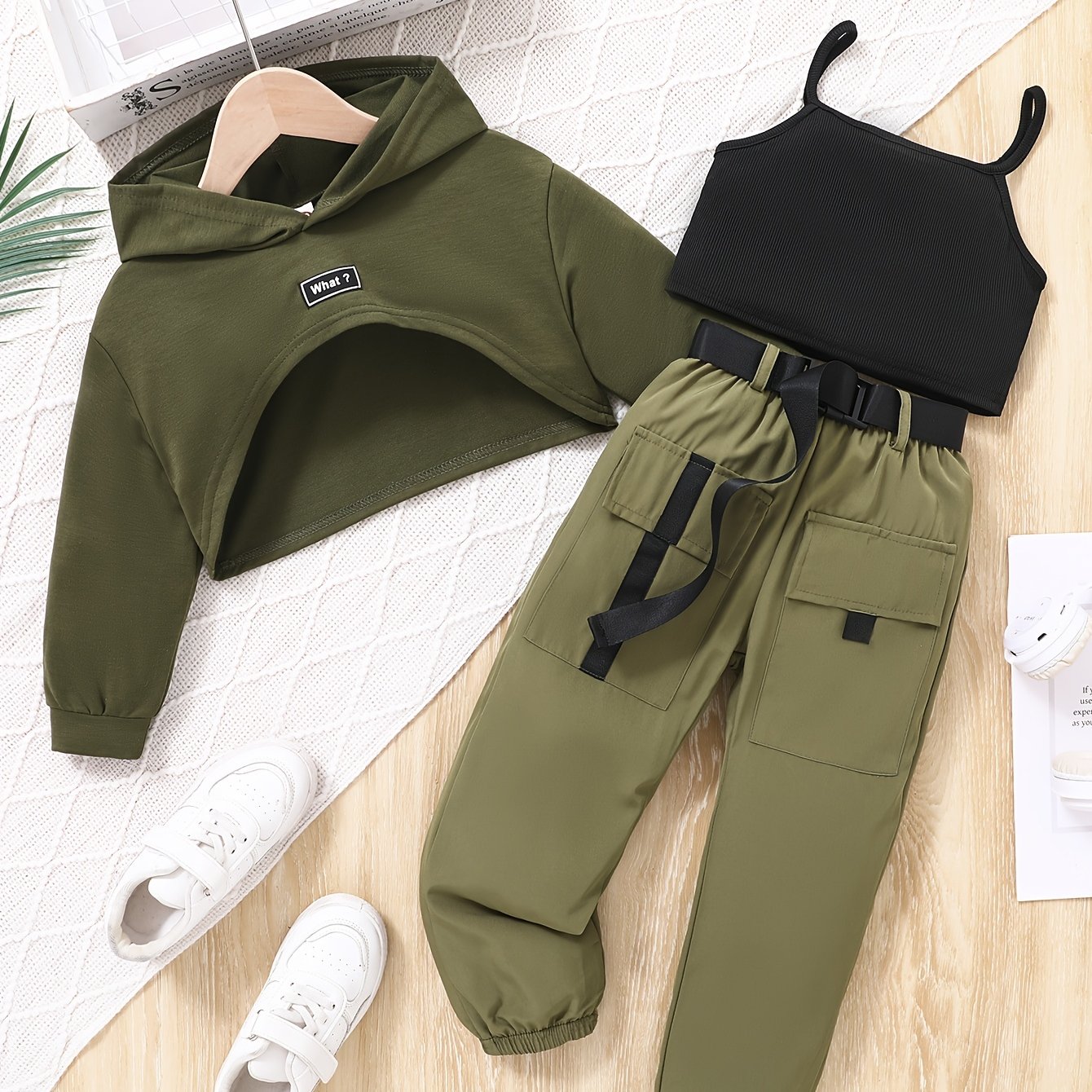 Girl's three-piece fashion set includes a short hoodie, halter top, and sporty overalls for spring and autumn wear.