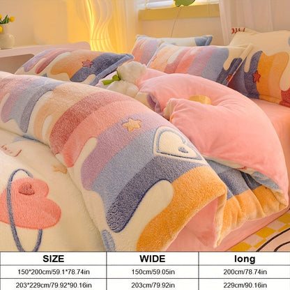 Set of 3 Autumn and Winter Thick Duvet Cover (1 Duvet Cover + 2 Pillowcases, Core not Included), Double-sided Love Pattern Warm Fleece Bedding Set, Cozy and Soft for Bedroom or Guest Room