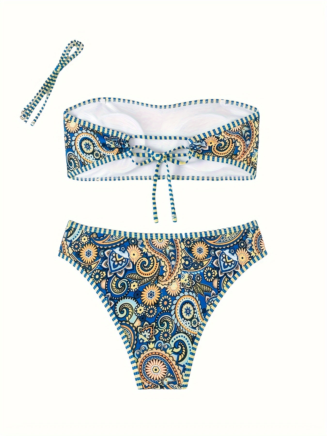 Women's bikini set with stretchy polyester fabric, conventional bottom, knotted detail, and random print design for swimming.