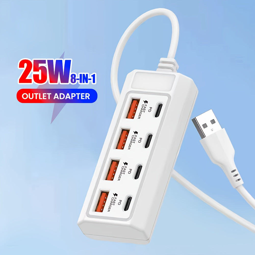 8-port USB adapter with 4 USB and 4 PD ports, 25W fast charging hub compatible with various USB devices and suitable for 5V devices like computers, laptops, and tablets.