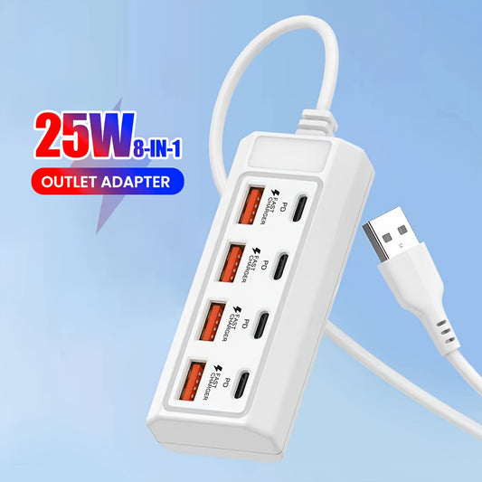 8-портовый USB-адаптер с 4 USB и 4 PD портами, 25W быстрое зарядное устройство, совместимое с различными USB-устройствами и подходящее для 5V устройств, таких как компьютеры, ноутбуки и планшеты.