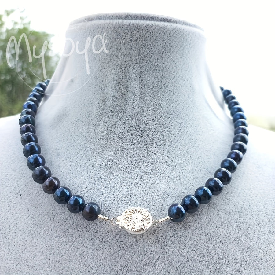 Deluxe Midnight Blue Freshwater Pearl Necklace, featuring 8-9mm Natural Pearls and a Silvery Flower Clasp. June Birthstone, suitable for both Daily Wear and Special Occasions. Comes in a Gift Box, making it a perfect Valentine's Day gift for Him or Her.