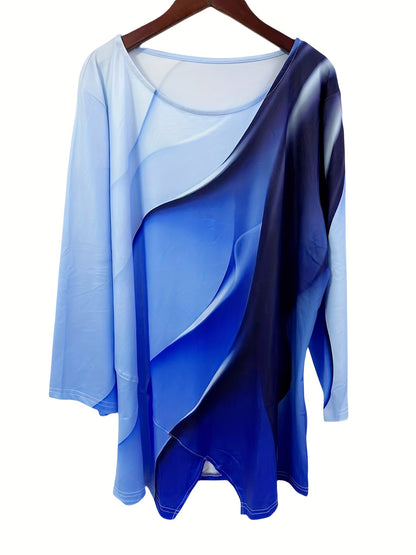 Asymmetric hem t-shirt in ombre print for plus-size women, perfect for spring and fall.