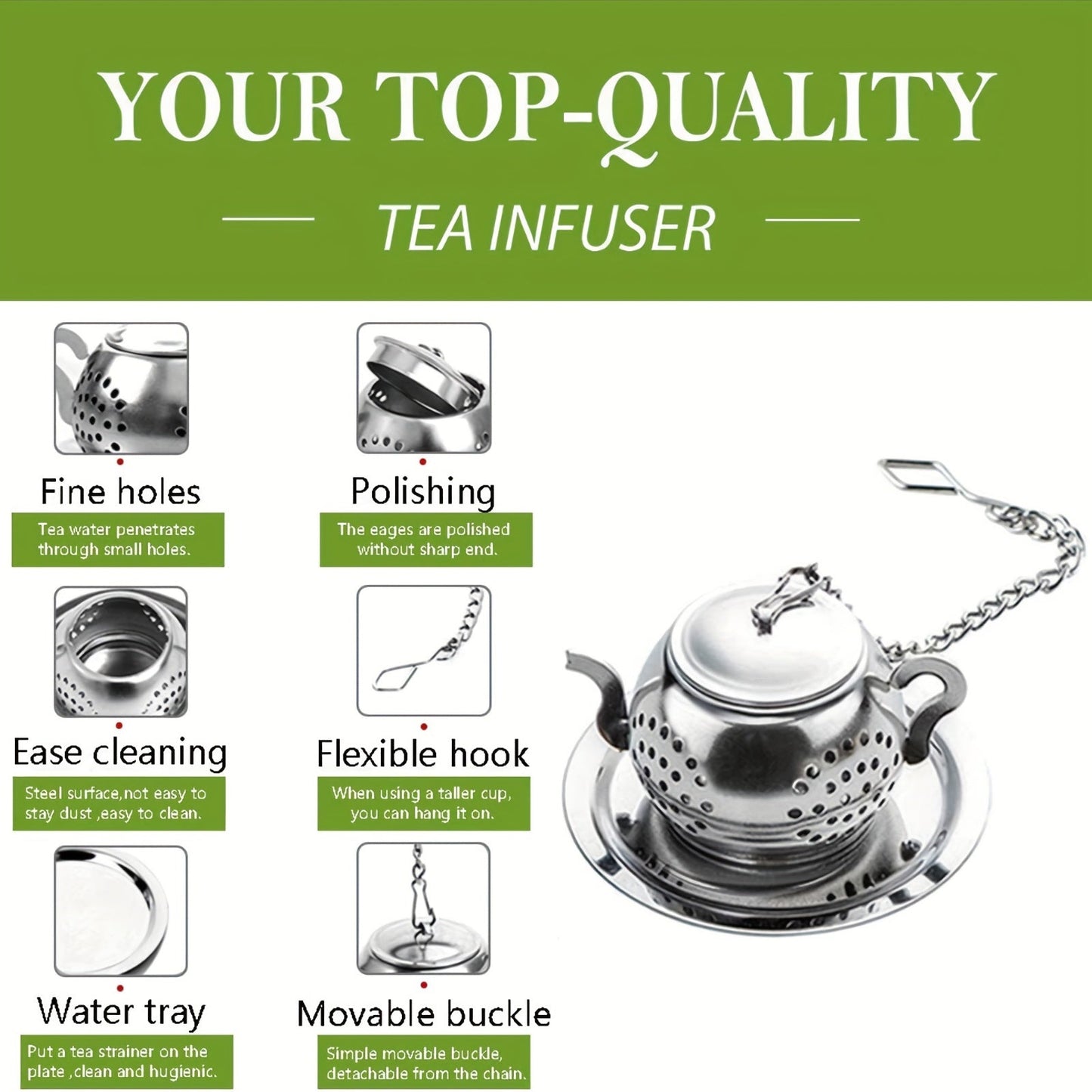 Set of 1 Stainless Steel Teapot-Shaped Tea Infuser with Saucer - Reusable Fine Mesh Filter for Loose Leaf Tea - Strong Tea Steeper with Chain and Drip Tray