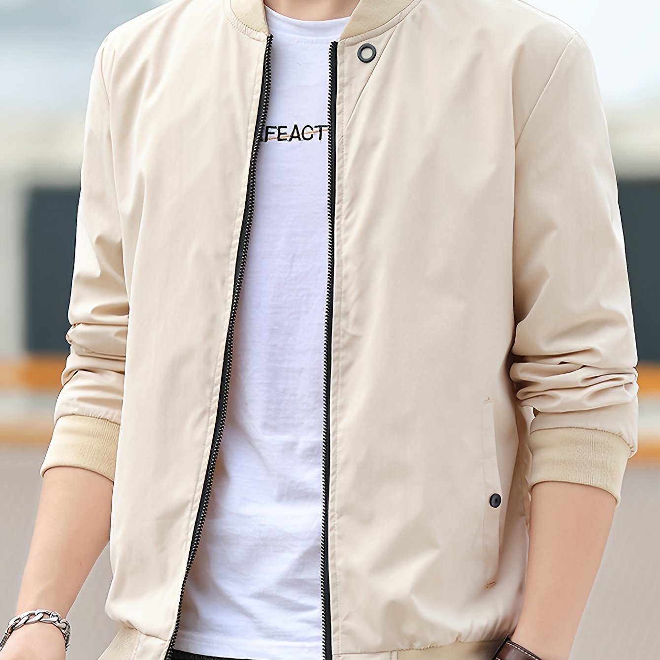 Solid Band Collar Zip-up Jacket for Men, perfect for Spring and Fall.