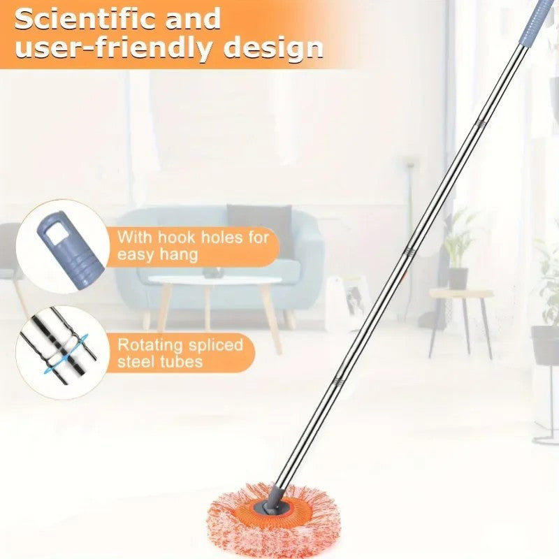 Mop suit with 360 ° rotating feature, round microfiber mop head that is dust-proof. Includes 4 sturdy steel pipes for support and 2 replacement mop heads for effective wall cleaning.