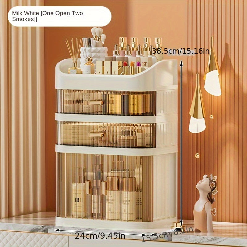 Transparent cosmetic organizer for makeup and skincare with multi-layer sliding drawer storage, perfect for lipstick and lightweight plastic vanity cabinet.