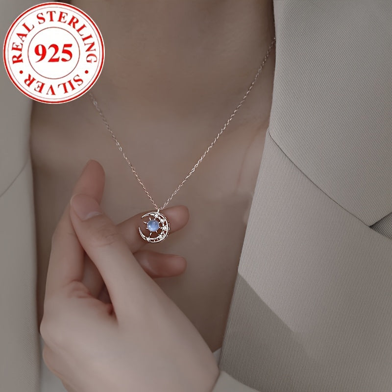 Luxurious 925 Sterling Silver Moon Pendant Necklace with Synthetic Blue Zirconia, June Birthstone - Perfect Gift for Women for Daily & Special Occasions.