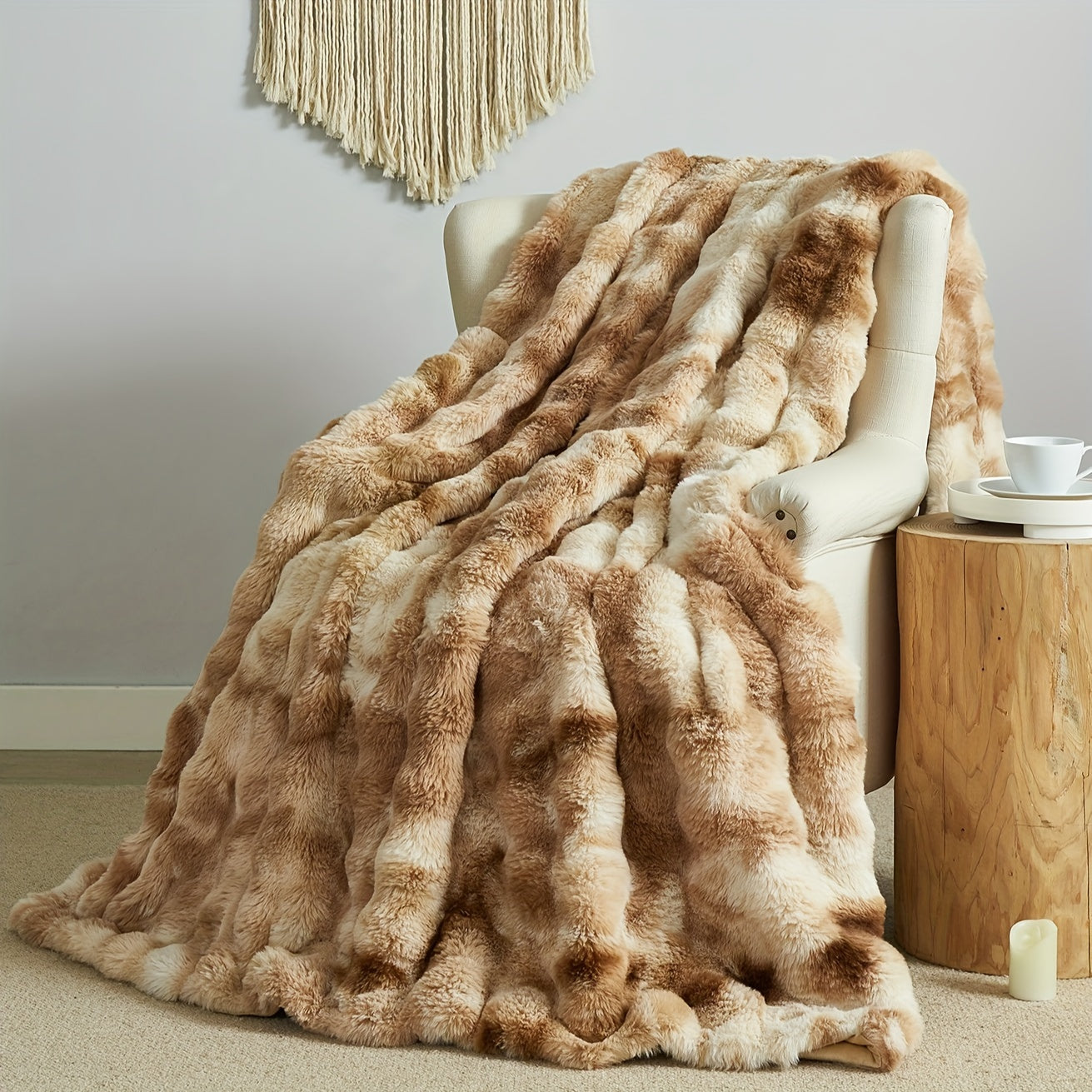 One piece of tie-dye faux rabbit fur blanket with shaggy short plush material for a soft, fluffy bed or sofa blanket, perfect for cozy naps and throws.