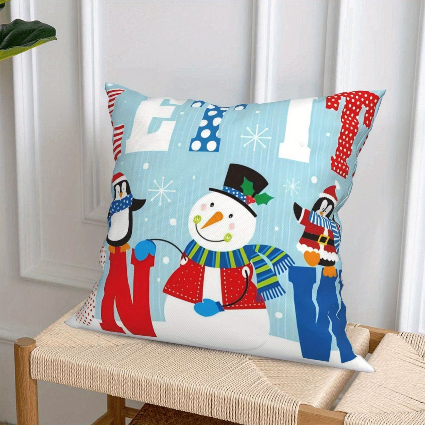 Christmas Decoration Pillow Cover featuring a festive snowman design, perfect for adding holiday cheer to your living room or bedroom. Makes a great Christmas gift or decoration. Each cover measures 45*45CM and comes in a set of 4 or individually. Pillow