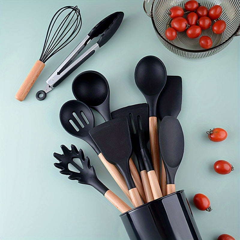 [Highly Rated] This 12-piece kitchen utensil set features silicone and wooden handle cookware that is perfect for all your cooking needs. These heat-resistant utensils are gentle on pots and pans and come with a convenient storage bucket for added