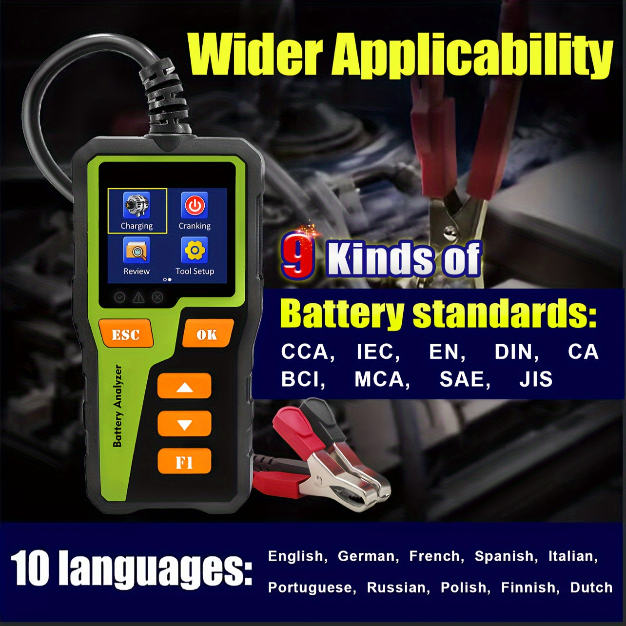 12V 24V Car Battery Tester Analyzer for Automotive Battery System Testing, including SOC, SOH, Internal Resistance, Charging, Cranking, and Diagnostic Tool for various vehicles.