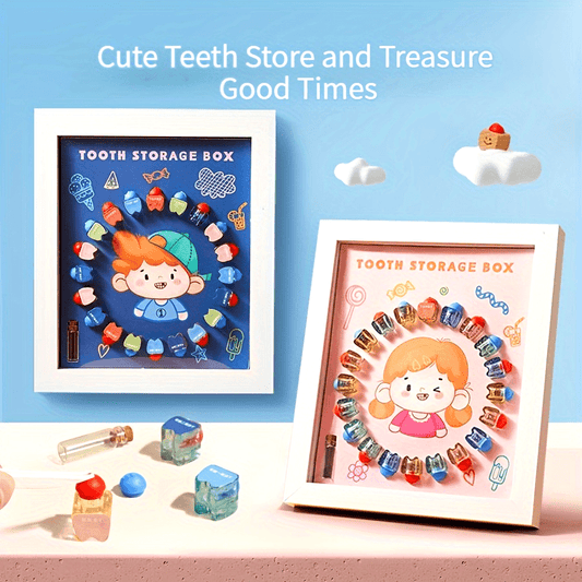 Transparent crystal storage box for children's milk teeth, designed as a house with separate compartments for each tooth. Suitable for boys and girls, this storage box keeps milk teeth protected and organized. Can also be used as a photo frame or