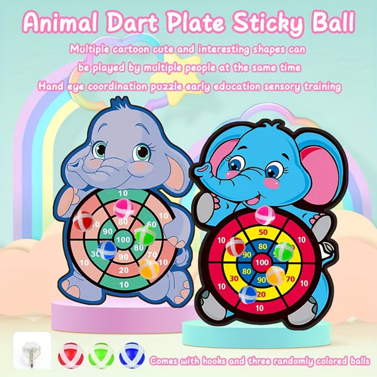 Elephant-shaped sticky dart board game set for ages 3+, includes hook and 3 sticky balls. Perfect family interactive play and birthday gift in polyester material, blue and purple.