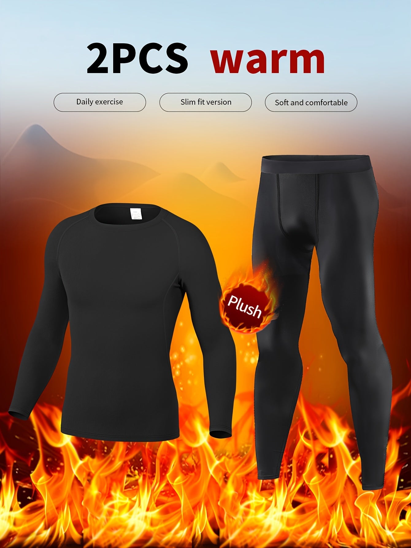 Fleece Warm Underwear Set for Autumn and Winter, includes Base Layer Shirt, Skiing Tights, Long Sleeve Top, and Pants.