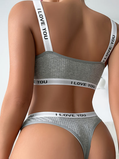 Plus size ribbed letter tape seamless bra and panty lingerie set for women.