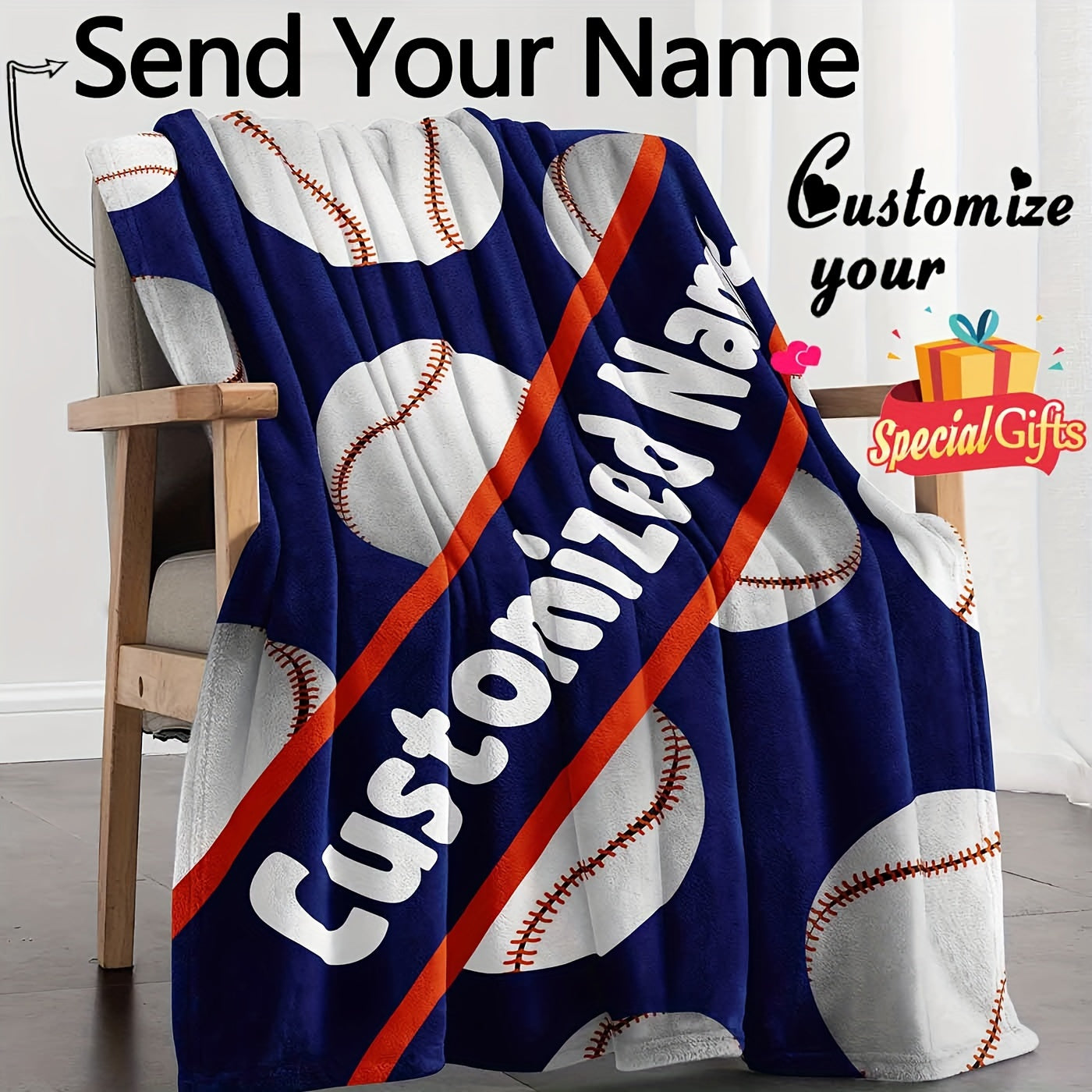 Fleece Baseball Blanket with Custom Name, Personalized Sports Throw, Reversible Design, Lightweight All-Season Sofa Camping Travel Blanket, Contemporary Style, Machine Washable, Superfine Fiber Cover, Knitted Fabric, 3D Baseball Print, 250-300g Square