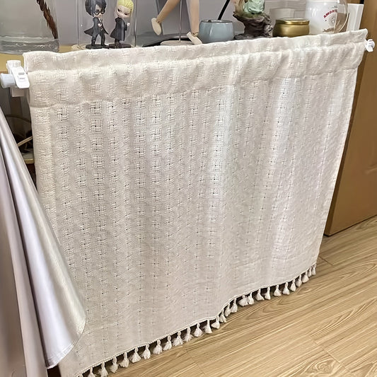 Stylish Beige Plaid Tassel Curtain with Rod Pocket for Kitchen, Living Room, and Bedroom Decor - Perfect Light-Filtering Polyester Window Treatment